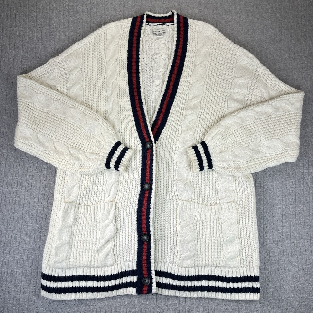 American Eagle Cardigan Sweater Mens Small Cream Varsity Cable Knit Striped Trim